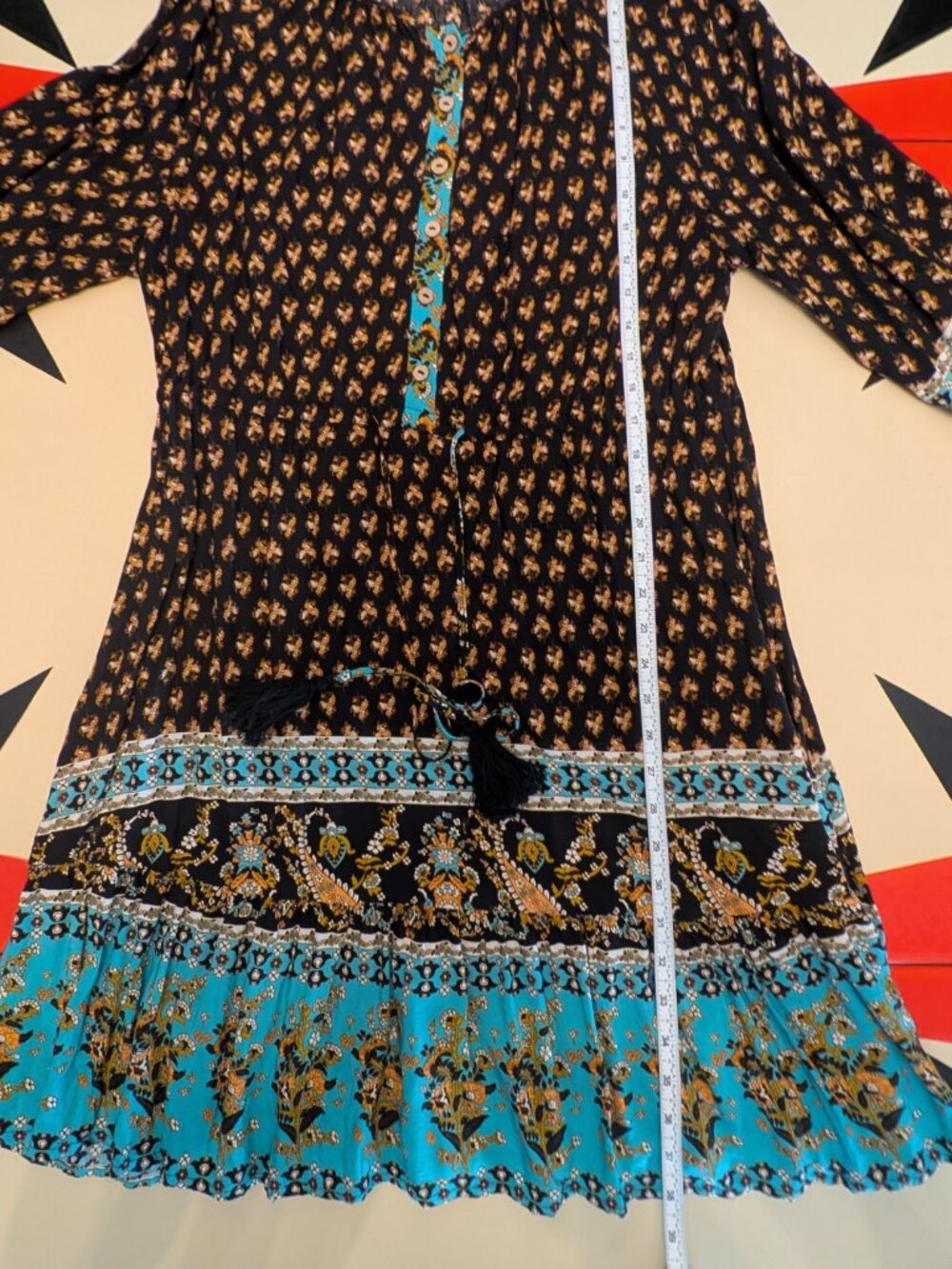 Boho Mini Dress Black Paisley Print L/S Tassel Tie Waist Size XL NWOT - Picture 6 of 12